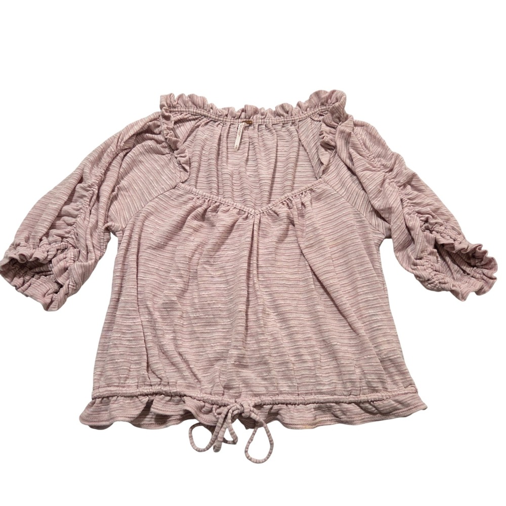 Free People Womens Medium Pink Ruffle Trim Drawstring 3/4 Sleeve Top‎